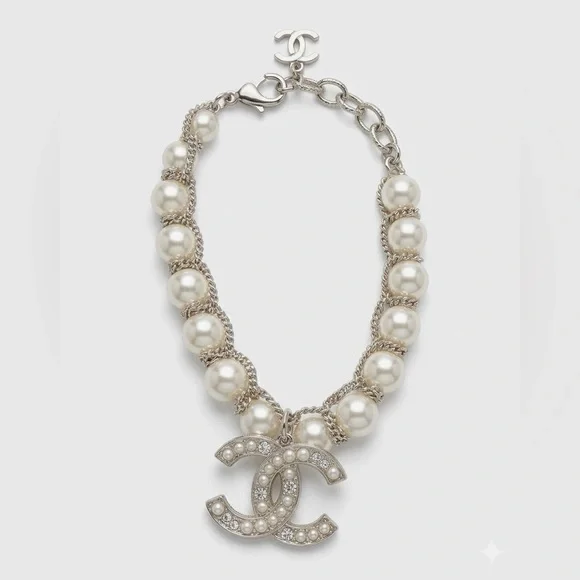 Gold-Tone Pearl Bracelet with Crystallized Logo Pendant - Picture 7 of 7